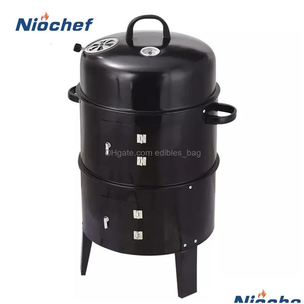 BBQ Grills Grill Round Charcoal Stove Outdoor Bacon portable 3 en 1 barbecue Double Deck Smoker Four Cam Picnic Cooking Tool Drop de Dhibx