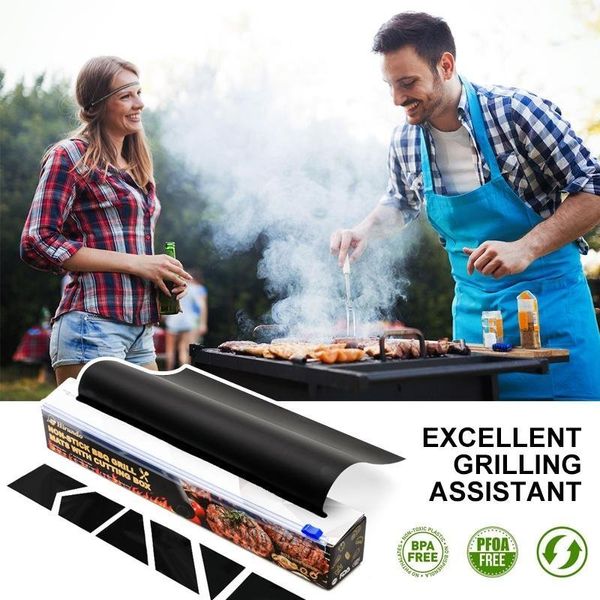 Parrillas para barbacoa HIRUNDO Estera antiadherente para parrilla de barbacoa con caja de corte Estera para hornear Cocina Hoja para asar Resistencia al calor Limpieza fácil de la cocina 230707