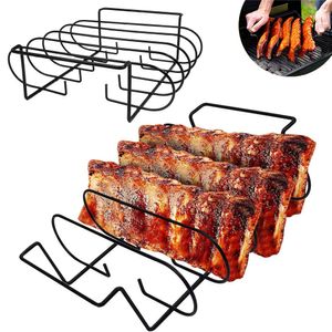 Grilles de barbecue antiadhésives BBQ Rib Rack Stand Barbecue Steaks Racks Acier inoxydable Poulet Côtes de boeuf Grill Noir pour fumeur de gaz Outils de barbecue bbq 230707