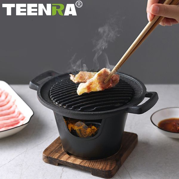 Parrillas para barbacoa TEENRA Mini parrilla para barbacoa Estufa de alcohol japonesa Parrilla para barbacoa sin humo para el hogar Plato para barbacoa al aire libre Herramientas para asar carne 230324