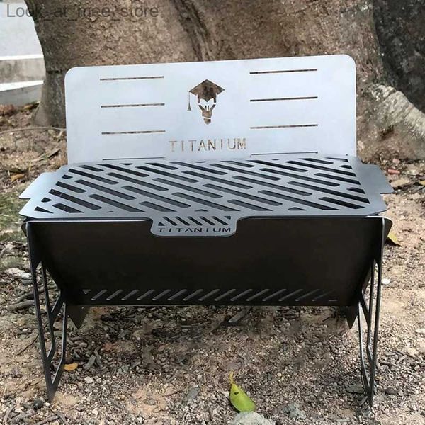 Parrillas para barbacoa Estufa de barbacoa para acampar de titanio Parrilla de barbacoa plegable portátil con bandeja para hornear Mochila al aire libre Cocinar Estufa de barbacoa de madera Q240305