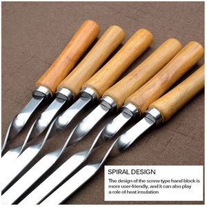 BBQ Brochette En Acier Inoxydable Shish Kebab BBQ Fourchette Ensemble Long Plat Manche En Bois Barbecue Aiguille Viande Grill Outils De Plein Air 6pcs 220606