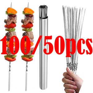 Accessoires d'outils de barbecue 100 / 50pc brochette en acier inoxydable plat barbecue aiguille bâton jardin camping en plein air barbecue grill gadgets 221128