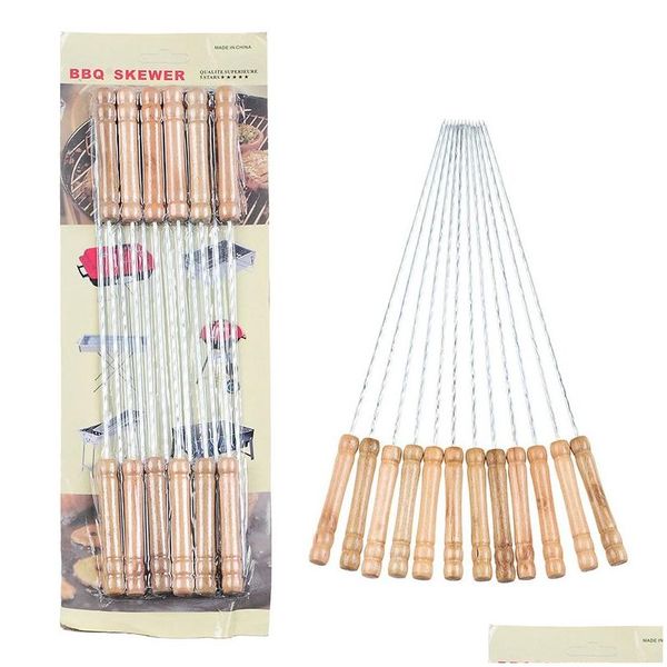 Accessoires pour outils de barbecue 12 pièces/ensemble brochettes Kabob manche en bois brochette en acier inoxydable barbecue griller réutilisable guimauve rôtissage Sti Dhut6