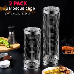 BBQ outils accessoires 2 pièces gril panier roulant griller en acier inoxydable maille barbecue Portable pour poisson crevettes 230821