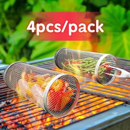 Accessoires d'outils de barbecue 304 panier en acier inoxydable maille barbecue grille cage filet grille roulante cylindrique grill pique-nique camping ustensiles de cuisine outil 231122