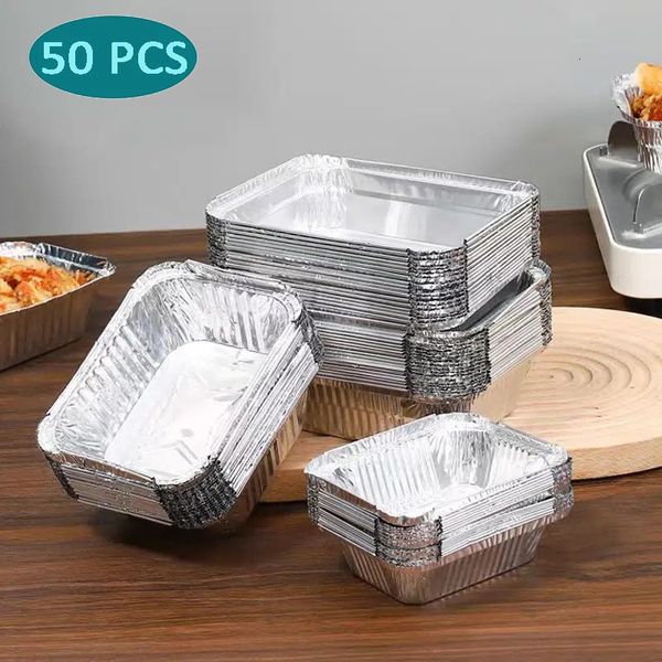 Accesorios para herramientas de barbacoa 50 piezas Bandeja de papel de aluminio rectangular Tazón engrosado especial Para llevar Hornear Papel de aluminio desechable Caja de embalaje Cocina 230522