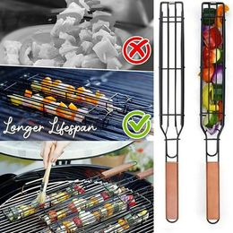 Barbecue Outils Accessoires Barbecue Panier Bar Forme Fer Et Bois Brochette 45cmPanier Ustensiles D'extérieur Portable Kabob Griller 230522