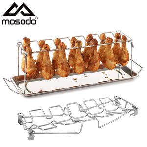 BBQ Gereedschap Accessoires BBQ Beef Chicken Leg Wing Grill Rack 14 Slots RVS Barbecue Drumsticks Houder Roker Oven Koffiebrander Stand met Drip Pan 230721