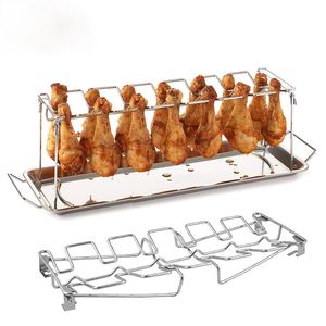 BBQ Tools Accessoires Accessoires Rundvlees Kip Wing Grill Rack 14 Slots Roestvrij staal Barbecue Drumsticks Holder Oven Roaster Stand met DRIP PAN 220922