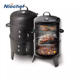 BBQ Tools Accessoires Grill Round Charcoal Stove Outdoor Bacon Portable 3 In 1 Barbecue Grills Double Deck Smoker Oven Camping Picnic Cooking Tool 230414