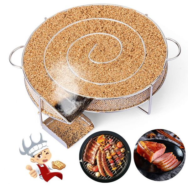 Accesorios de herramientas para barbacoa Generador de humo frío de acero inoxidable Cesta de humo redonda Barbacoa al aire libre Carbón Estante de especias Quemar Cocinar Herramientas de barbacoa de acero inoxidable 230707