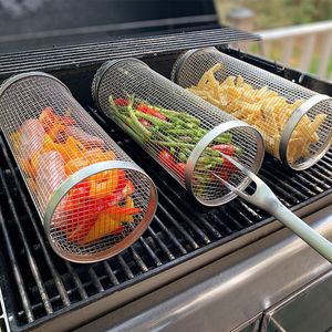 BBQ Tools Accessories Stainless Steel Grilling Basket Cylindrical Rolling Barbecue Rotisserie Net Grilled Meat Chicken Grille Outdoor Camping BBQ Tool 230715