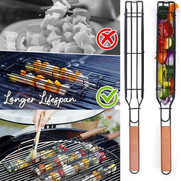 Outils de Barbecue panier de Barbecue en forme de barre brochettes en fer et bois 45cm paniers ustensiles de Barbecue en plein air Portable Kabob grillades