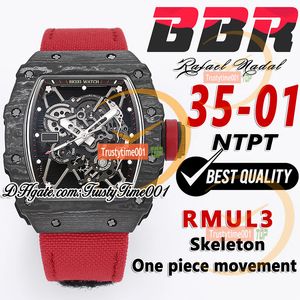 BBR 35-01 RMUL3 MÉCANIQUE MECHEUR MESTES METTRE NTPT FIBRE DE CARBON Squelette Squelette Red Braided Nylon STRAP Super Edition Sport TrustyTime001 Watch Hombre