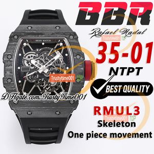 BBR 35-01 RMUL3 Mechanische handwindende herenwisseling NTPT Koolstofvezel Case Skelet Dial Black Natural Rubber Strap Super Edition Sport TrustyTime001 PolsWatches