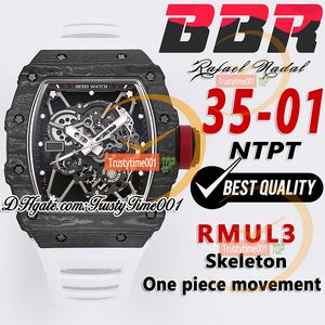 BBR 35-01 RMUL3 Mechanische handwindende herenwisseling NTPT Koolstofvezel Case Skelet Dial White Natural Rubber Strap Super Edition Sport TrustyTime001 PolsWatches