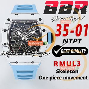 BBR 35-01 RMUL3 Mechanische handwindende herenwisseling Witte NTPT Koolstofvezel Case Skelet-wijzerplaat Blue Natural Rubber Strap Super Edition Sport TrustyTime001 Watches