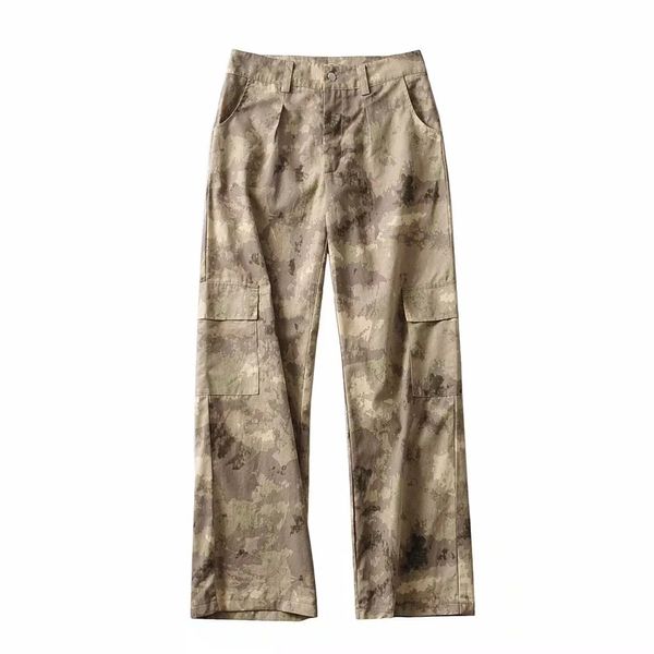 BBWM Camouflage Cargo Pantalon Large Jambe Jogger Femmes Poches Streetwear Taille Haute Casual Esthétique Pantalon Droit Femme 210520