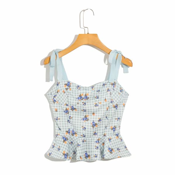 BBWM Chic Ajuster Bretelles Spaghetti Camis France Volants Femmes Débardeur Sexy Bleu Imprimé Floral Blanc Sans Manches Tee 210520