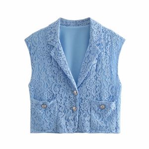 Bbwm elegante vrouwen mode blauwe kant single-breasted vest jas vintage v-hals mouwloze bovenkleding vrouwelijke chique tops 210520