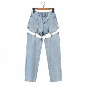 BBWM High Street Jeans Femmes Splice Pantalon à jambes larges Hip-Hop Coton Lâche Rétro Cool Girls Femmes Denim Pantalon 210520