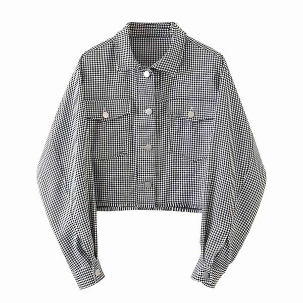 BBWM printemps goutte épaule vérifier Plaid veste courte Vintage femmes revers poches simple boutonnage drapé vêtements d'extérieur 210520