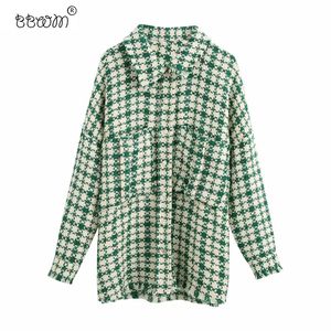 BBWM élégant Chic poches vert Plaid Tweed vestes femmes mode revers col côté évents manteau femme chic vêtements d'extérieur 210520