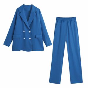 BBWM Été Femmes Deux Pièces Ensemble Bleu Vintage Casual Manches Longues Lâche Blazer Femme Élastique Taille Haute Pantalon Costumes 210520
