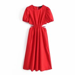 Bbwm zomer za vrouwen jurk mode holle bandage rode midi jurk vrouw korte bladerdeeg mouw elegante partij lange jurken gewaad 210520