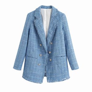 Bbwm tweed vrouwen elegante blauwe blazers mode dames vintage losse blazer jassen casual vrouwelijke straatkleding pakken meisjes chic 210520