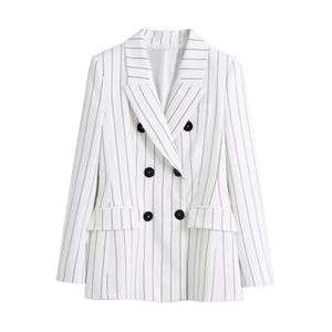 BBWM Vintage Élégant Femmes Veste Mode Stripe Femme Travail Costume Turn-Down Col Double Boutonnage Manteau Chic Top Casual Oversize 210520