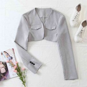 BBWM Vintage élégant femmes gris veste mode femme travail costume col en V sans boutons manteau chic haut décontracté Casaco 210520