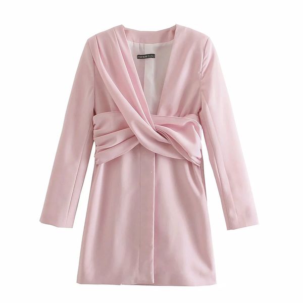 BBWM Za Noeud Ruché Mini Robe Femmes Vintage Manches Longues Bureau Dame Robes Femme Bouton Avant Élégant Robe D'été 210520