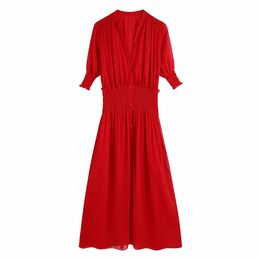 Bbwm za rode chiffon zomer jurk vrouwen korte elastische taille vintage midi jurken vrouw knop omhoog voering feestjurk 210520