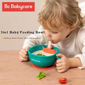 BC BabyCare 3in1 Babyvoeding / Snack / Soepkom met Straw Zuigeling Leren Schotels Zuighandvat Servies Petal Snack 211012