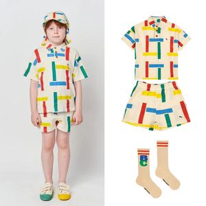 BC zomermeisjes Koreaanse stijl schattig contrast vierkante polo nek wafel t -shirt kinderen set kinderen kleding 240408