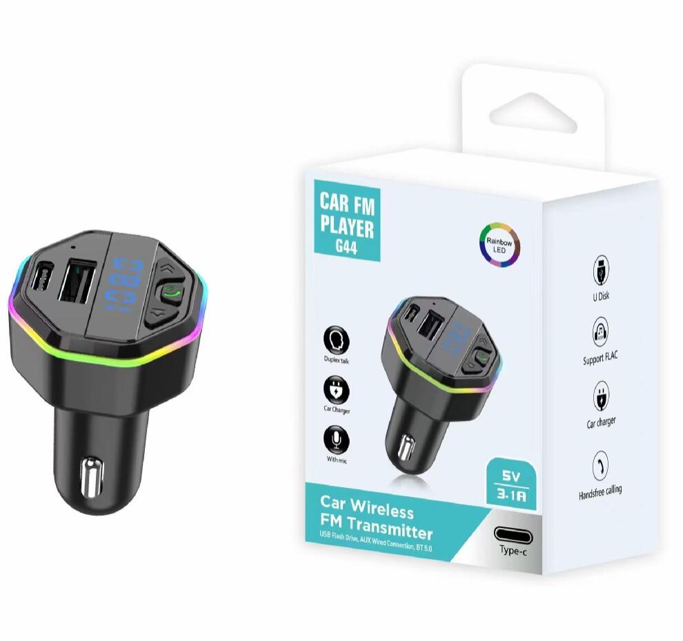 Kit veicular sem fio g43 g44 3.1a com porta tipo c, carregador rápido usb c, reprodutor de mp3, kit viva-voz, bluetooth, transmissor fm para carro