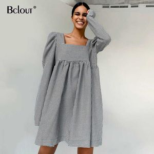 Bclout zwart wit plaid jurk vintage bladerdeeg mist mini jurk vrouw herfst vierkante kraag casual dame vestido rits sexy 210706