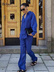 Bclout Blue à manches longues Blouse Satin Suit femelle élégante pantalon long et chemises Satin élégant pantalon de taille élastique Femmes 2 pièces Set T220729