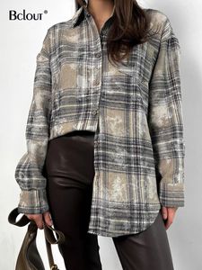 Bclout moda desgastada a cuadros mujer otoño gris Oficina señora camisas sueltas Casual algodón blusas de manga larga 2024 240123