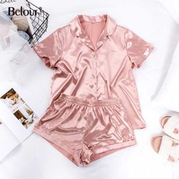 BCLOUT Pink Silk Casual Wear Wear Suit Women Women Wists Shorts Satin Boton Camisa Femenina Femenina de dos piezas Manga corta 2021 Y0702