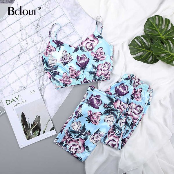 Bclout primavera púrpura rosa conjunto de dos piezas mujeres sexy top y pantalones pijamas patrón estampado satinado con cuello en v mangas sin mangas pijamas sleepwear 210709