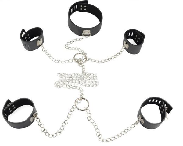 Ensemble d'équipement de bondage BDSM, collier de cou avec poignets enchaînés, manchette de cheville, cuir PU noir, BDSM, fétiche, jouets sexuels, jouets de retenue corporelle Ha2302766