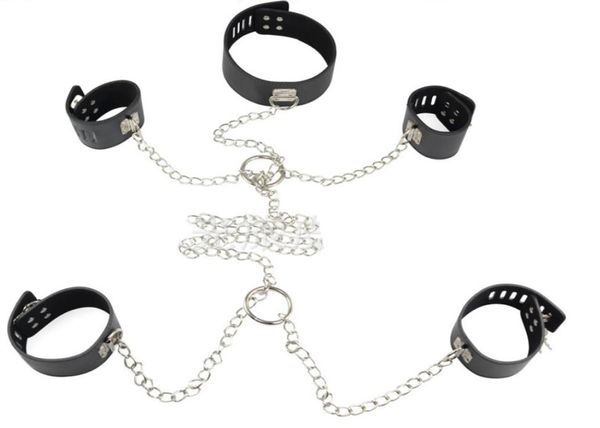 Ensemble d'équipement de bondage BDSM, collier de cou avec poignets enchaînés, manchette de cheville, cuir PU noir, jouets sexuels fétichistes, jouets de retenue corporelle Ha7830253