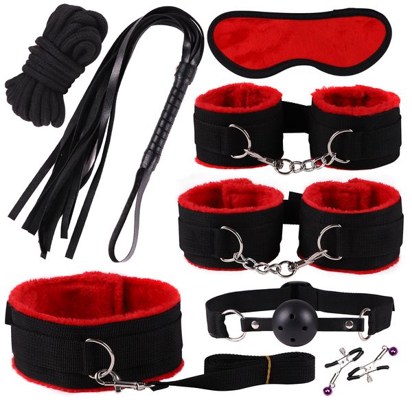 BDSM Bondage Kit 8 unids/set esposas pezón abrazaderas boca bola mordaza látigo cuerda de algodón juguetes sexy para parejas máscara de ojos cuello Collar