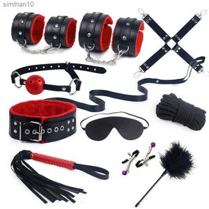 BDSM Bondage Set Erotische Bed Spelletjes Volwassenen Handen Enkel Tepelklemmen Zweep Spanking Slave Halsbanden SM Kits Sex Toys voor Koppels L230518