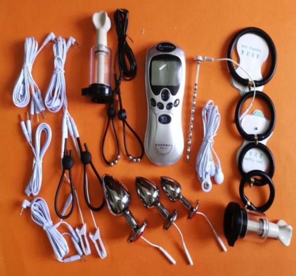 Bdsm kit de terapia de descarga eléctrica engranaje de esclavitud clips de pezón del pene guantes vaginales anales