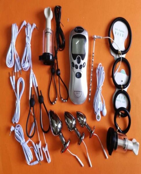 BDSM Kit de terapia de descarga eléctrica engranaje de esclavitud clips de pezón del pene Guantes vaginales anal de la polla del pene del pene los juguetes 62025479509849