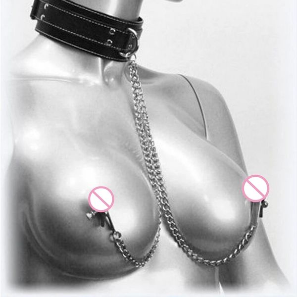 Bdsm fétiche cou collier pinces à mamelon chaîne pince à seins femme cuir Pu érotique sexy Bondage jouets pour Couples